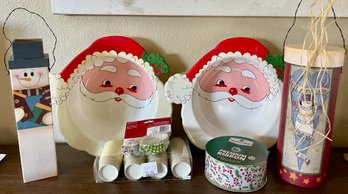 (2) Vintage Santa Serving Bowls, Fifty Yards Of Holiday Ribbon, And (2) Snowman Stacking Canister Decor