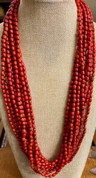 Vintage 10 Strand Nepalese Sherpa Red Coral Bead Mandrel 28 Inch  Necklace With Black Cotton Closure
