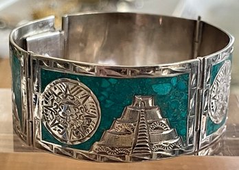 Vintage Sterling Silver Aztec Motif & Turquoise Mexico Panel Bracelet - Total Weight 41 Grams
