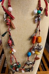 Vintage Tribal 48 Inch Leather Necklace With Tin Animals & Assorted Beads And Stones