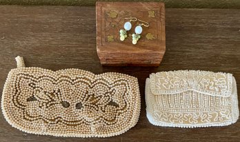 (2) Vintage Pearl Bead And Seed Bead Evening Bags, And A Wood Inlay Box