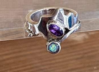 Beautiful Sterling Silver - Sapphire & Opal Ring Size 5.5 - Total Weight 9.3 Grams