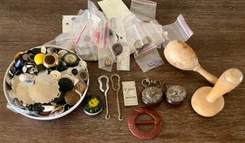 Vintage And Antique Buttons, (2) Wood Darning Eggs, Egg Eyed Needles, Button Hooks, Celluloid Tape Measure