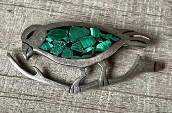Vintage Mexico Sterling Silver & Malachite Bird Pin - Total Weight - 12.7 Grams