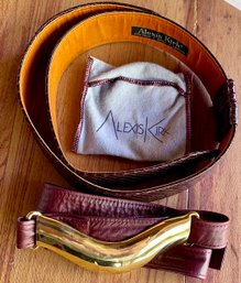 Vintage Alexis Kirk 33 Inch Brown Leather Belt & Alexis Kirk Gold Tone Buckle With Brown Leather 43 Inch Belt