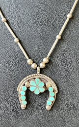 Vintage Sterling Silver Bead And Turquoise Horseshoe Pendant 18' Necklace
