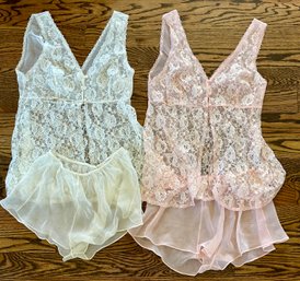 Pink Lace And White Lace Button Front Top And Short Lingerie Sets Ladies Size Small