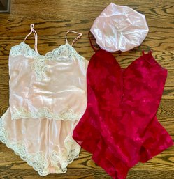 Victoria Secret Pink Satin Pants And Top Size Small, Red Satin Body Suit Size Small, Pink Satin Night Cap
