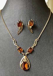 1960's Van Dell Gold Filled Amber Stone Lavaliere Necklace And Matching Earrings