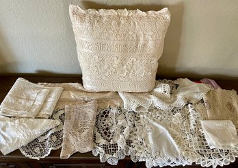 Assorted Vintage And Antique Linens - Lace Doilies, Embroidered, Doilies, Hankies, Lace Pillow, And More