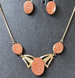 Vintage Van Dell Gold Filled Goldstone Lavaliere Necklace And Earrings