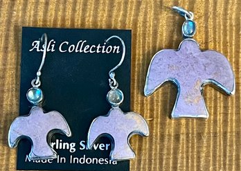 Sterling Silver Lavender Jade - Rainbow Moonstone  Bird Pendant And Earring Set - Handmade