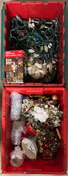 (2) Totes Of Assorted Christmas Decor And Lights - Ornaments, Royal Seasons Stoneware, Wreath, And More