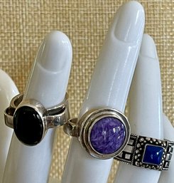 (3) Sterling Silver Rings - Black Onyx - Charoite & Blue Lapis - Sizes 5-6 - Total Weight 24.8 Grams