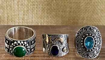 (3) Sterling Silver Rings - Amethyst Moon & Stars 18K Gold Accent - Malachite & Blue Topaz - Weight 23 Grams