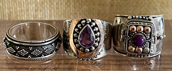 (3) Sterling Silver Rings - Amethyst 18K Gold Accent- Spinner Band & Charoite Poison Ring  - Weight 22.3 Grams