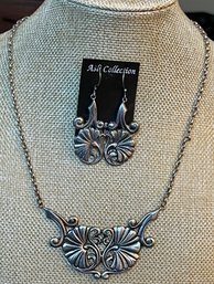 Sterling Silver Art Nouveau Necklace & Earring Set - Handmade - Total Weight 36.6 Grams