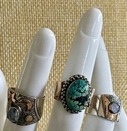 (3) Sterling Silver Rings - Turquoise - Topaz Moon & Stars & Opal With 18K Gold Accents -All Size 5 - 19 Grams