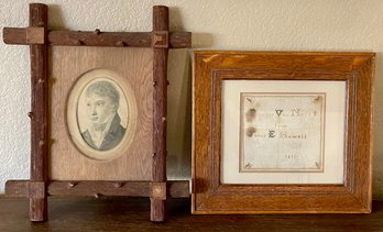 Antique 1841 Sampler Framed And A Tramp Art Frame With Antique Picture
