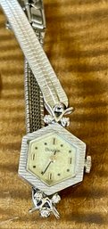 Vintage 14K White Gold & Diamond Bulova Ladies Watch W Gold Filled Band