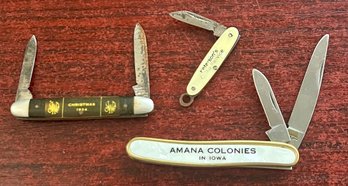 (3) Vintage Pocket Knives - Christmas 1924, Peterson's & Amana Colonies Mother Of Pearl