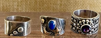 (3) Sterling Silver Rings - Band - Blue Lapis Moon & Stars - Amethyst W 18K Gold Accents Size - 16.2 Grams