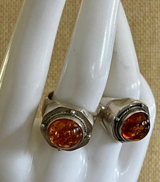 (2) Sterling Silver Rings - Amber Cabochons - Total Weight Grams