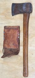 Vintage Union Kelly Works Hatchet With Wood Handle And Leather Sheath