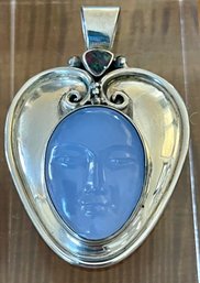Carved Face Chalcedony - Rainbow Topaz  & Sterling Silver Pendant  W 24' Sterling Chain - Total 41.4 Grams