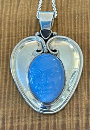 Carved Face Chalcedony - Garnet  & Sterling Silver Pendant W 24' Sterling Chain  - Total Weight 45.5 Grams