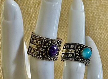 (2) Sterling Silver Charoite & Larimar Cabochon Band Rings - Size 5.25 - Total Weight 9.6 Grams