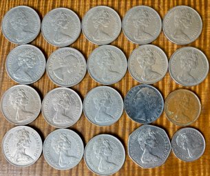 (15) Queen Elizabeth Great Britain 10 Pence Coins -1968 - 1979 & Italy 100 Lire 1962 - 2 Shillings 1962
