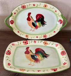 2 Vintage Pfaltzgraff Rooster Platters - One Handled