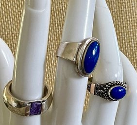 (3) Sterling Silver Rings - (2) Blue Lapis & (1) Charoite Cabochon - Sizes 25.1 Grams