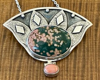 Gorgeous Sterling Silver - Ocean Jasper & Coral Pendant W 24' Sterling Chain - Total Weight 41 Grams