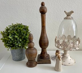 Home Decor - Shabby Chic Metal Clouche, Willow Tree Angel, (2) Faux Plants, (2) Wood Finials