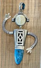 Sterling Silver - Mammoth Ivory Carved Face & Blue Lapis Pendant Robot - Handmade - Total Weight 12.5 Grams