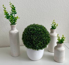 (4) Pottery Vases With Faux Greenery