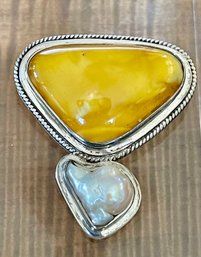 Sterling Silver - Butterscotch Amber And Blister Pearl Pin - Handmade - Total Weight 18.9 Grams