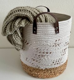 Woven Cotton And Wicker Basket Tote With A Threshold Sage Green Woven Throw