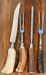 Westall Richardson Sheffield England Stag Horn Handled Carving Knife - Sharpener & Forks (1) Sterling Base