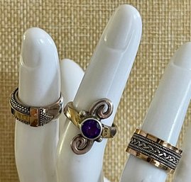 (3) Sterling Silver Rings (2) Bands W 18K Gold Accent &  (1) W Amethyst Stone - 15.9 Grams