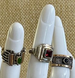 (3) Sterling Silver Pinky Rings - Sapphire - Garnet & Jade Cabochon (2) W 18K Gold Accent  - Weight 16.3 Grms