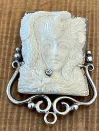 Spectacular Hand Carved Mammoth Ivory & Sterling Silver Pendant Pin - Handmade - Total Weight 18.7 Grams