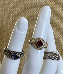 (3) Sterling Silver Pinky Rings - Iolite W 18K Gold - Garnet & Buckle Band - Sizes  3-4 - Weight 13.8 Grams