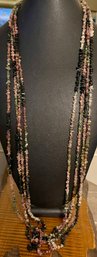 4 Vintage Chip Stone Necklaces - Pink & White Quartz - Onyx - Jadeite 32 - 34 Inches