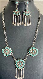 Zuni Monica Van Riper Sterling Silver Vintage Turquoise 18 Inch Necklace And Earrings - Total Weight 37.4 Grms