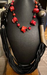 Vintage 32 Inch Wood Bead Statement Necklace & Coral And Metal Bead 18' Le Muse Necklace