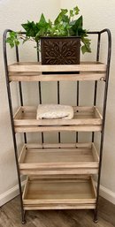 4 Tier Wood And Metal Shelf With Metal Planter And Faux Plant