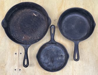 (3) Vintage Cast Iron Skillets - 6, 7.5, & 9 Inch